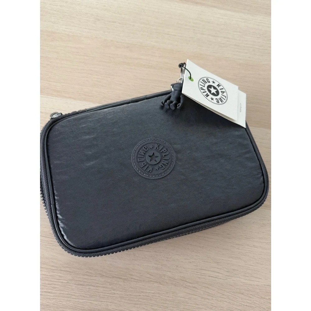 Kipling 100 Pens Case Black Metallic Nylon Pencil Pouch Makeup Brush Organizer